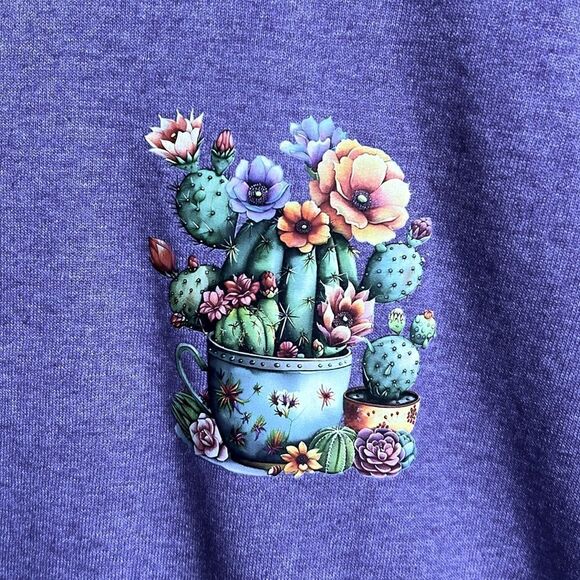 Gildan Purple Graphic T-Shirt with Colorful Flowering Cactus NWOT - Picture 1 of 3